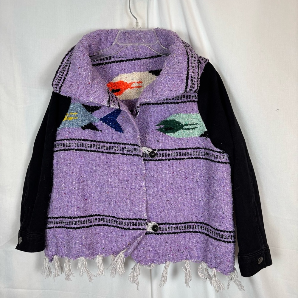 L-3X Lavender Jacket with Fish Imagery and Black Denim Sleeves Handmade - Picture 3 of 14